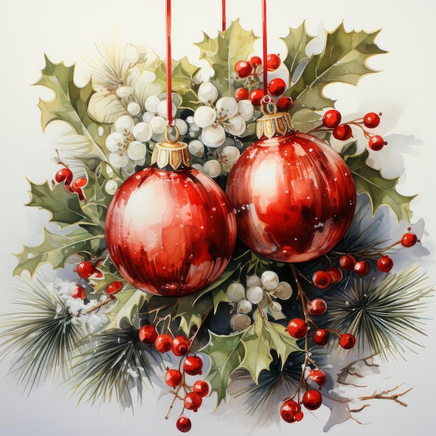 Christmas decoration gifts and ornaments illustrated in watercolor with white background