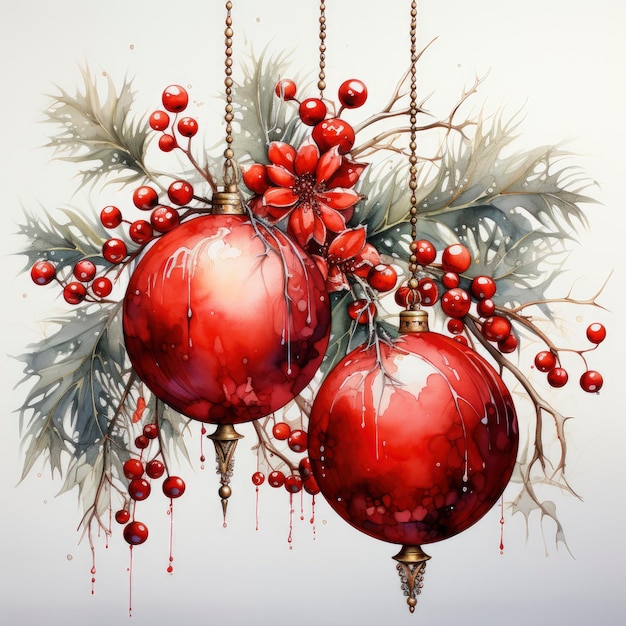 Christmas decoration gifts and ornaments illustrated in watercolor with white background