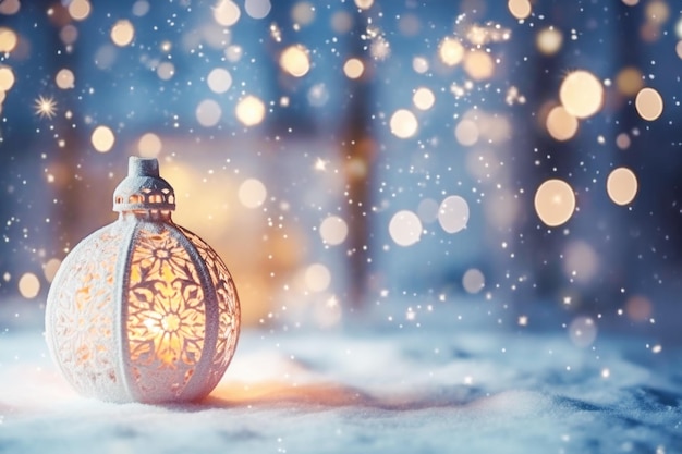 Christmas decoration and holidays light on snow background