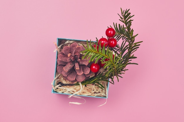 Christmas decoration on pink background isolate, copy space, layout