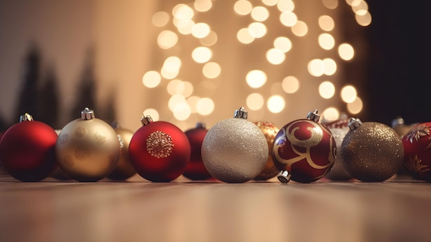 ゴールドの背景のボケ味にクリスマスの装飾の赤いボール