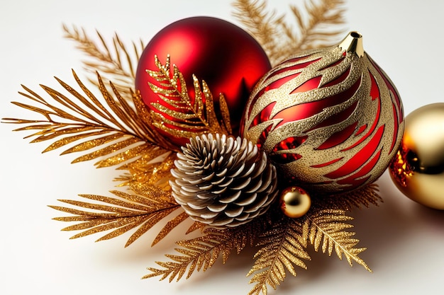 Christmas decoration in red and gold on a white backdrop