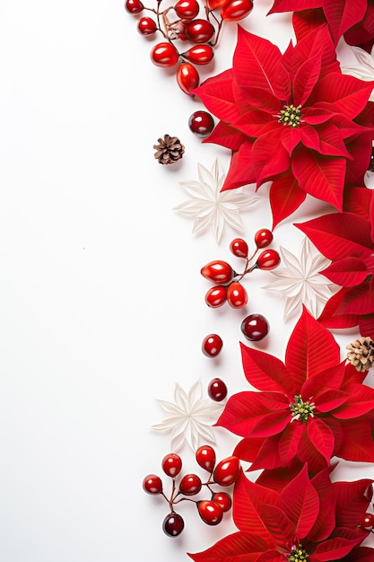 크리스마스 장식 붉은 포인세티아 꽃 나무 가지 공과 흰색 바탕에 열매