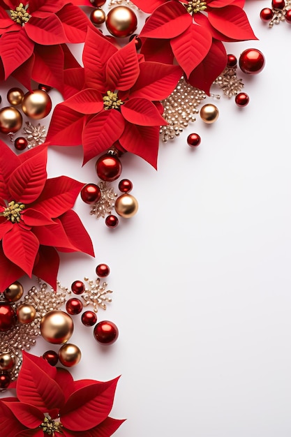 クリスマスの装飾 赤いポインセチアの花 木の枝 ボールと白い背景のベリー