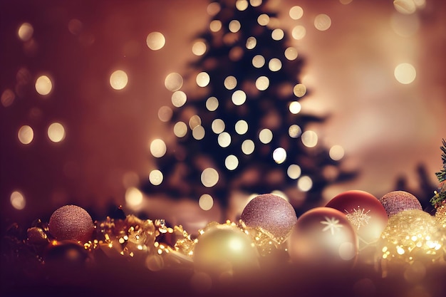 Christmas decoration on snow with christmas lights