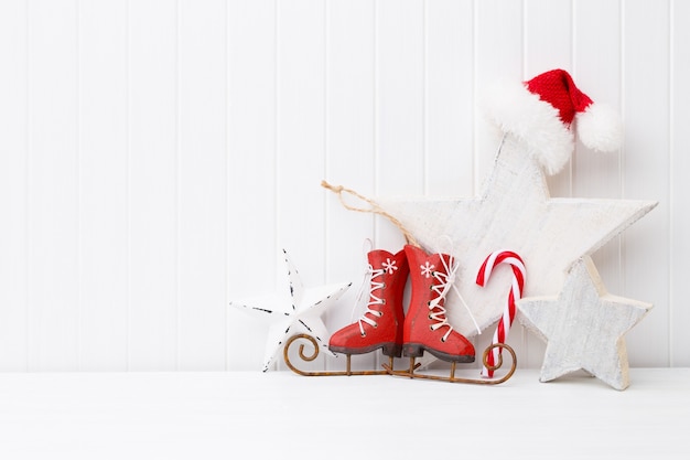 Christmas decoration on a white wooden background.