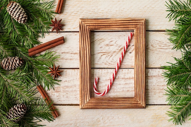 Christmas decoration on the white wooden table.