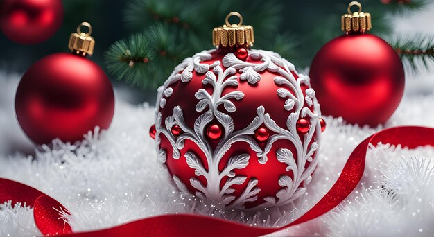 Christmas decoration with baubles and fir tree on bokeh background