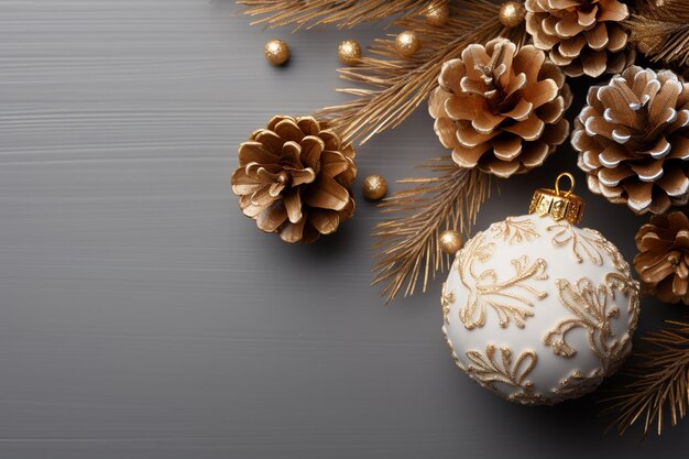 Christmas decoration with branches and ornaments on white background copy space