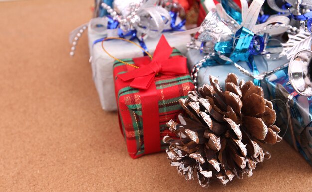 Christmas Decoration with Brown Wood Backdrop.