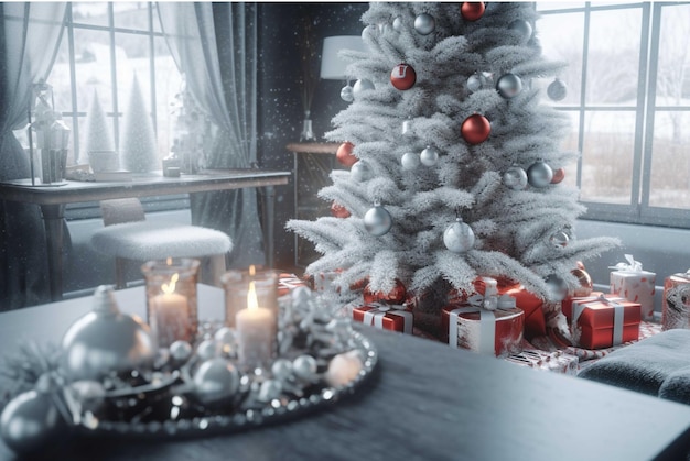 Christmas decoration with burning candle and Christmas balls 3D rendering