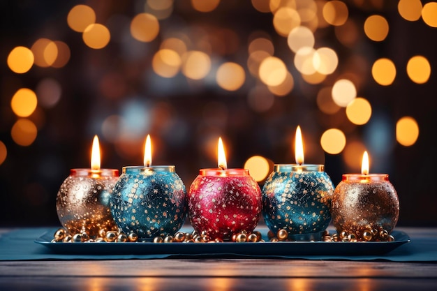 Christmas decoration with burning candles on bokeh background closeup