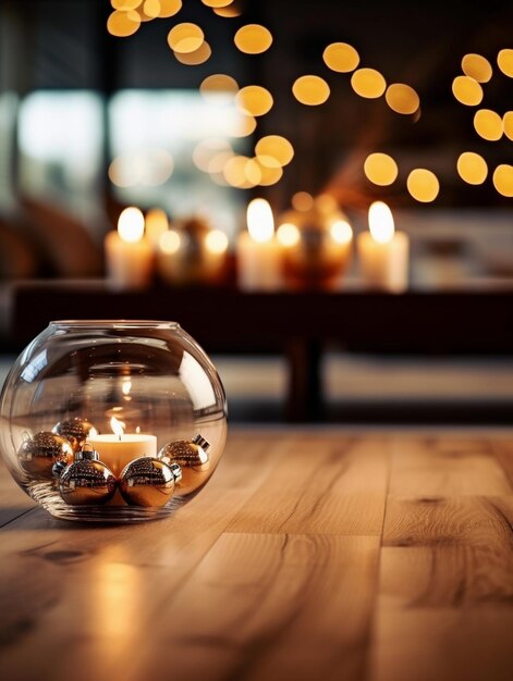 Photo christmas decoration with burning candles in glass candlestick on wooden table