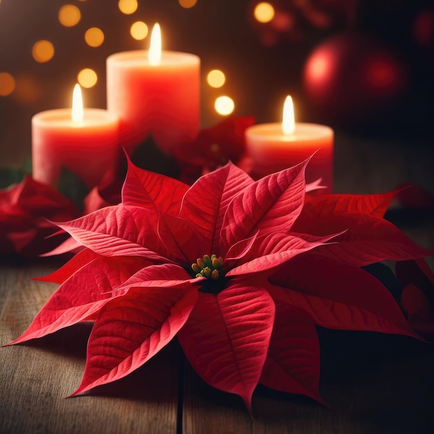 christmas decoration with candle and red flower christmas background