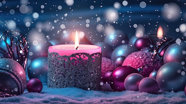 Christmas decoration with candles and baubles Xmas card template with winter holidays ornament candles and balls Generated AI