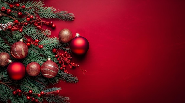 Christmas Decoration With Fir Branches and baubles On a red background Generative Ai