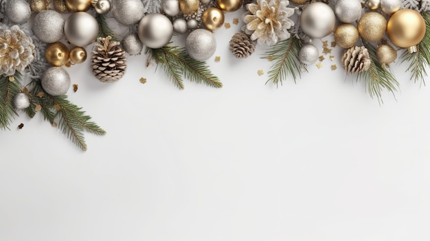 Новогоднее украшение с еловыми ветками и безделушками на белом фоне Generative Ai