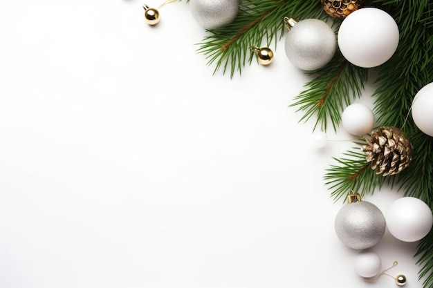 Christmas decoration with fir branches and baubles on a white background with copy space AI generated illustration