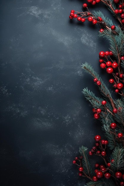 Christmas decoration with fir branches red berries Black christmas backround Generative ai