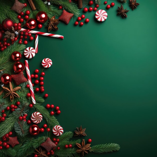 Christmas decoration with fir branches red berries Green christmas backround Generative ai