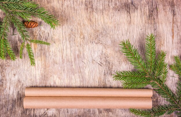 Christmas decoration with fir tree, and gift wrapping