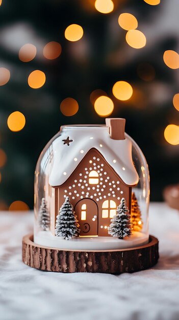 Foto decorazione di natale con casa di pan di zenzero sullo sfondo di luci bokeh