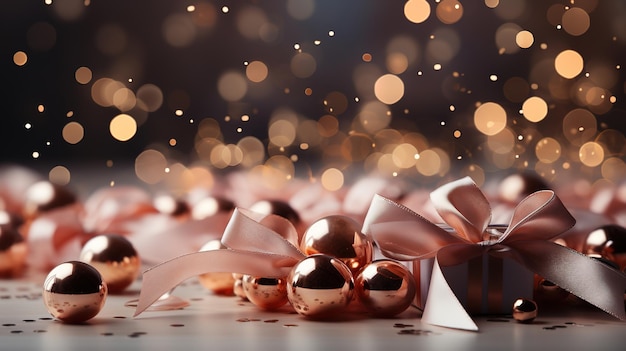 Christmas decoration with golden balls ribbons and confetti on bokeh background