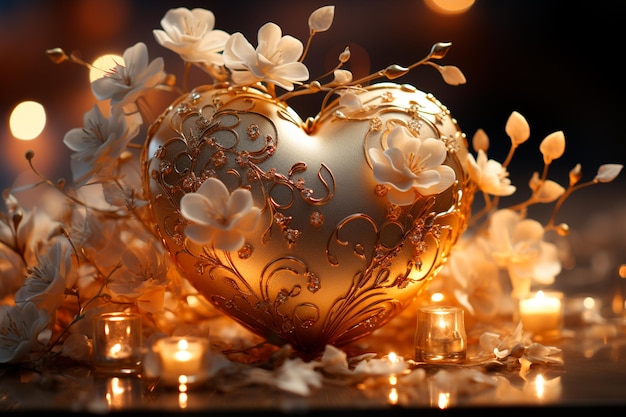 christmas decoration with golden hearts and lights on a black background