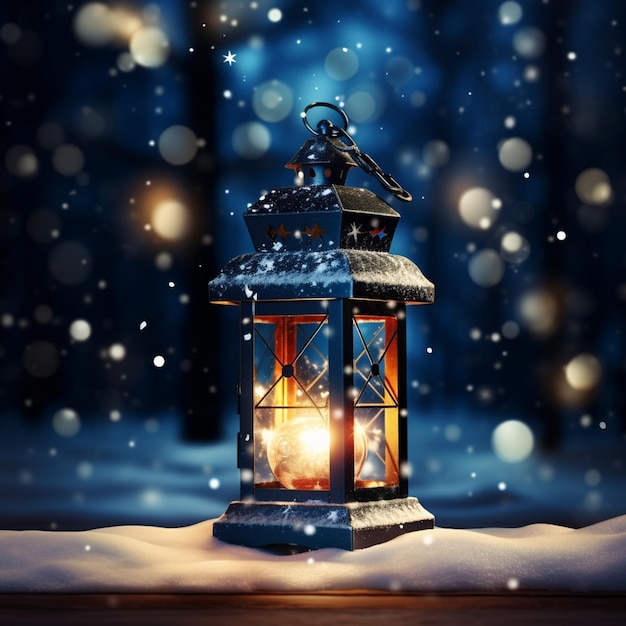 Christmas decoration with a lantern in the snow in a winter park