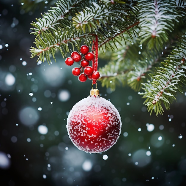 Photo christmas decoration with red bauble and snow on fir tree