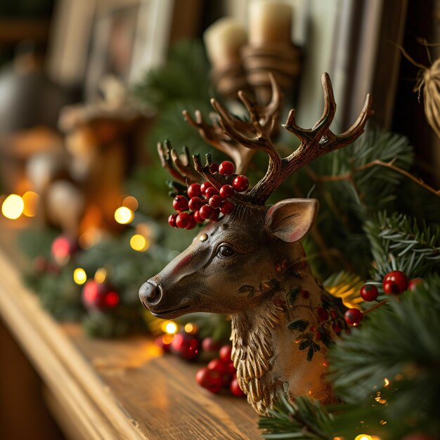 Christmas decoration with reindeer head on wooden shelf in living room