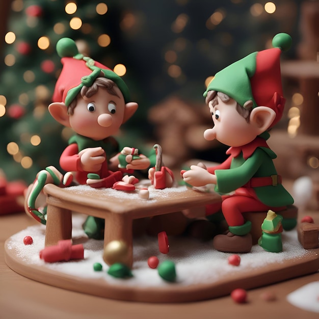 Christmas decoration with Santa Claus and elf on a wooden table with Christmas tree background