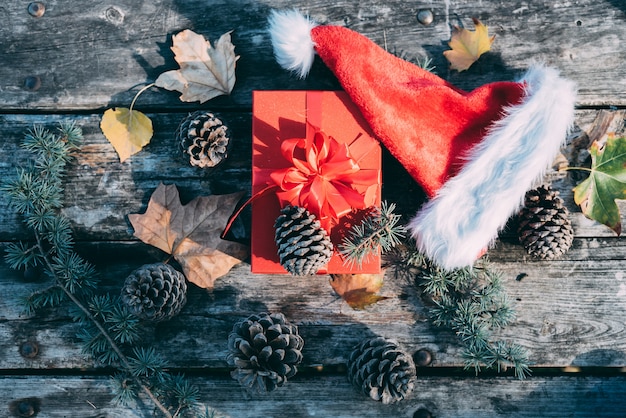 Christmas decoration in a wood table outdoors