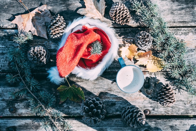 Christmas decoration in a wood table outdoors