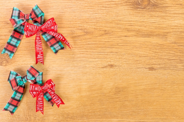 Christmas decoration on wooden background. Top view text space.