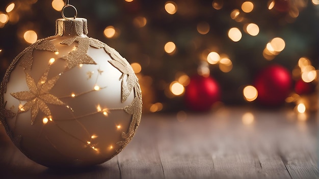 Christmas decoration on wooden background with bokeh lights Copy space
