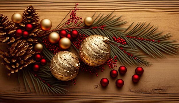 Christmas decoration on a wooden surface with red berries and gold balls