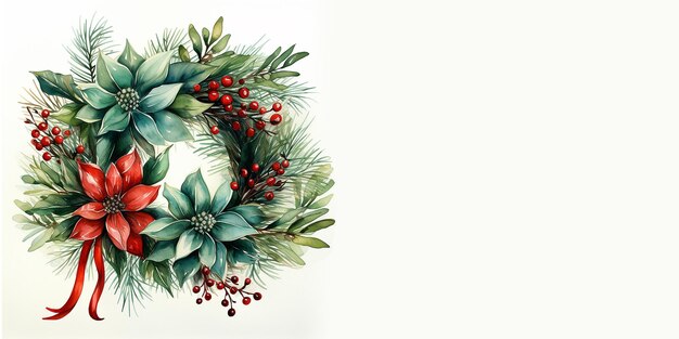 Christmas decoration wreath evergreen branche pine red flower and berry Watercolor illustration