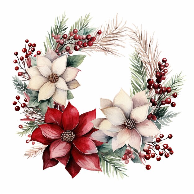 Christmas decoration wreath evergreen branche pine red flower and berry Watercolor illustration