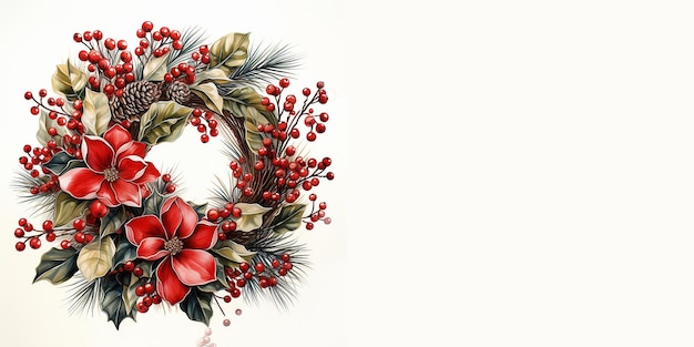 Christmas decoration wreath evergreen branche pine red flower and berry Watercolor illustration