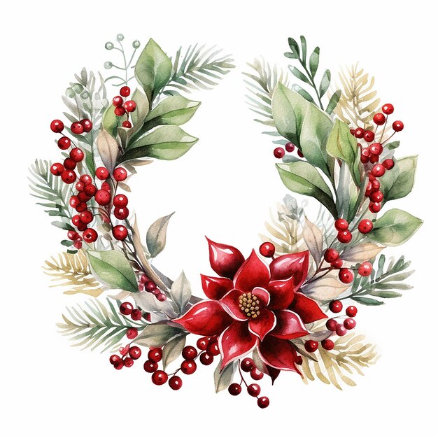 Christmas decoration wreath evergreen branche pine red flower and berry Watercolor illustration