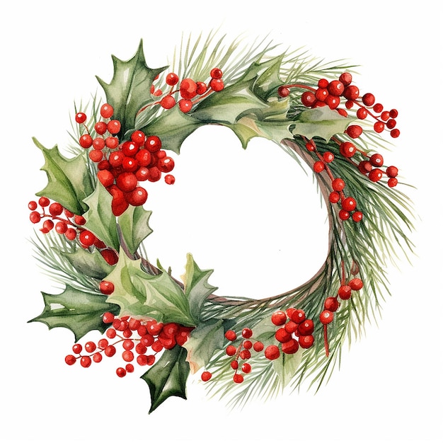 Christmas decoration wreath evergreen branches pines red berries Watercolor illustration