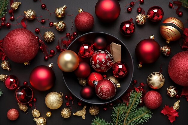クリスマスの装飾 赤と金のボール 黒の背景に平らな絵を描く 生成的なAI