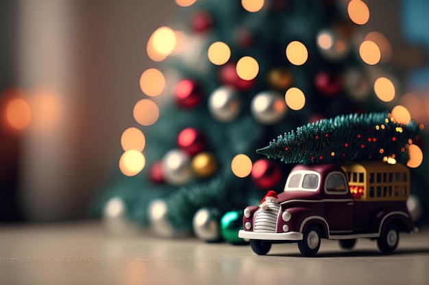 Photo christmas decorations in the backdrop are blurred along with a toy vehicle for christmas