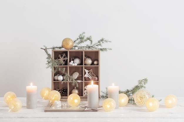 Christmas decorations on background white wall