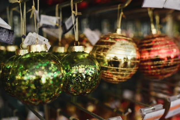 Christmas decorations balls for the Christmas tree are sold in the store