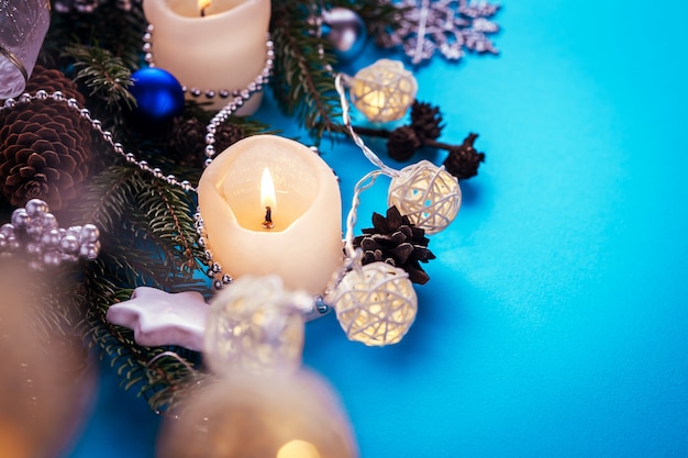 Christmas decorations on blue background