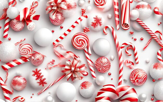 Christmas decorations and candies on a white background