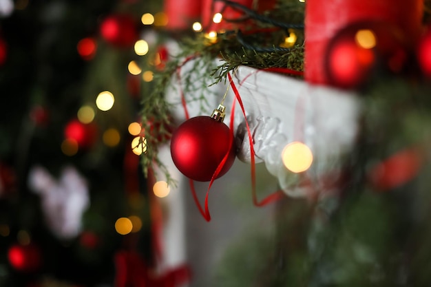 Christmas decorations closeup tree branches and candles