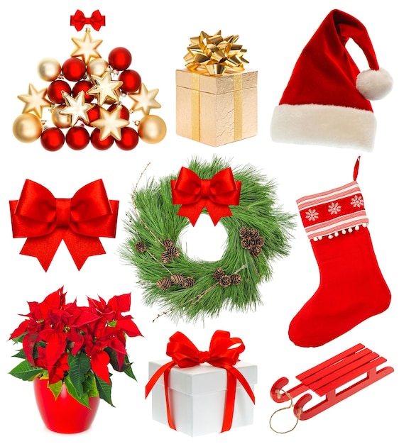 Christmas decorations collection. Set with stocking, gifts, wreath, sock, hat, sled, baubles, ribbon bow. Objects  isolated on white background